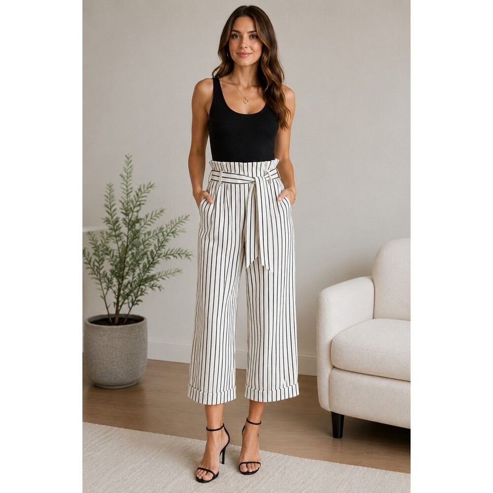 Alice + Olivia Paperbag Waist Striped Cropped Wide Leg Pants Size 4 NWT